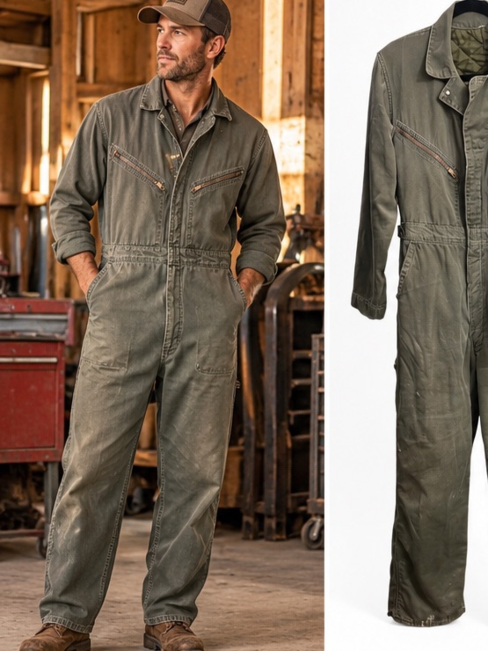 Vintage Big Smith Olive Green Quilted Lined Mechanic Coveralls Workwear Jumpsuit